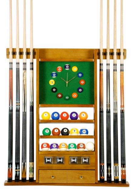  Cue Rack Only - 8 Pool - Billiard Stick & Ball Set Wall Rack W Clock Oak Finish